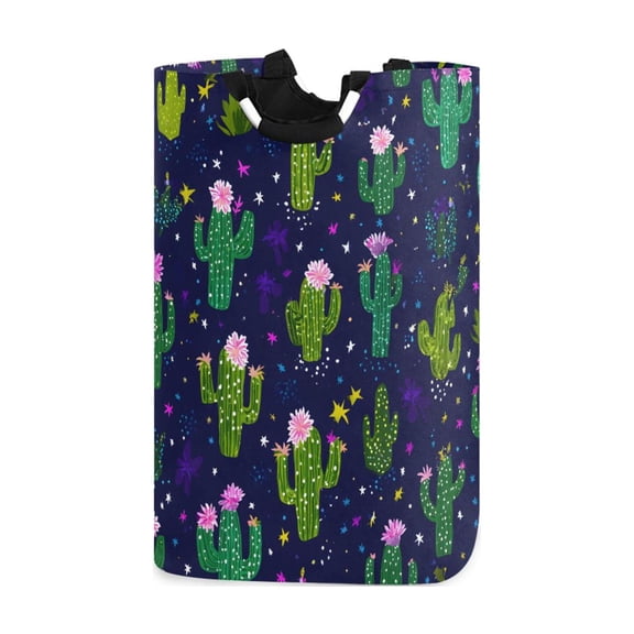 Cute Cactus Stars Pattern Laundry Basket with Handles Foldable Laundry Hamper Freestanding Washing Bin 50L