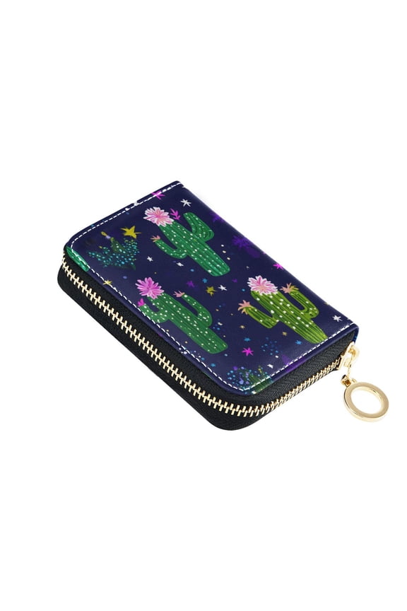 Cute Cactus Stars Pattern Women's Credit Card Holder PU Leather Zipper Wallet RFID Blocking