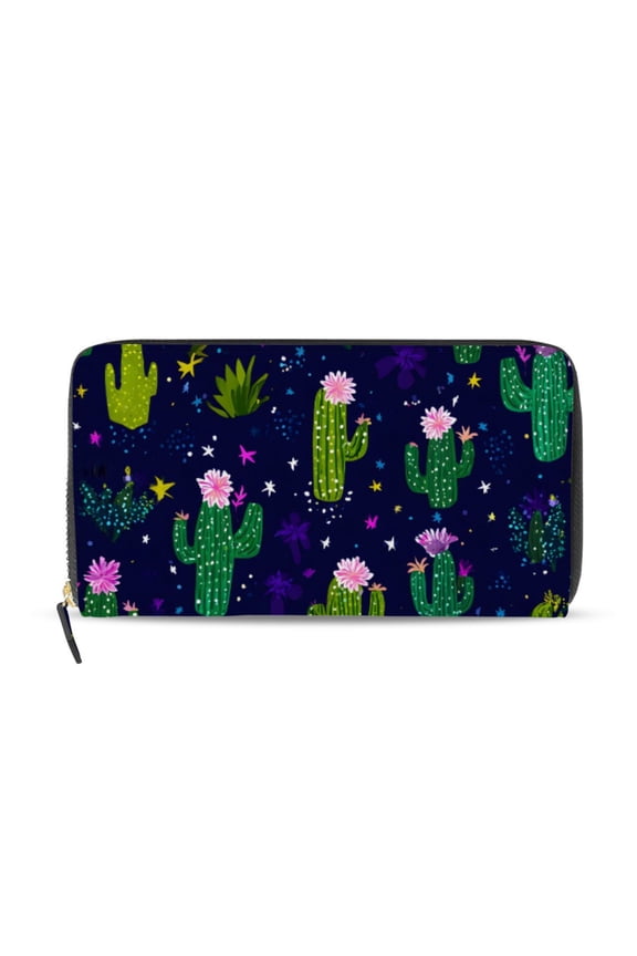 Cute Cactus Stars Pattern Women's Long Zipper Wallet Bifold Clutch Purse PU Leather Card Cases