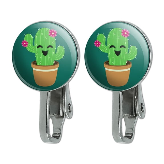 Cute Cactus in Pot with Pink Flowers Novelty Clip-On Stud Earrings