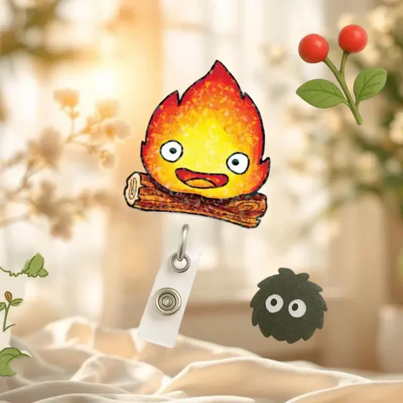 Cute Calcifer Spirit Fire Hologram Badge Reel Anime Flame Character ID Clip, Ghibli Inspired Retractable Holder for Nurses & Fans