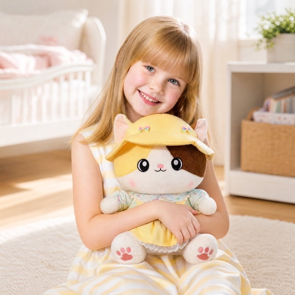 Cute Calico Cat Plush Toy, Kawaii Dress Up Kitten Stuffed Animal With Yellow Hat & Apron, Soft Fluffy Kitty Doll, 23cm Plushie Gift For Girls Kids A