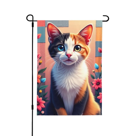Cute Calico Cat Welcome Garden Flag 12x18 Inch Double Sided – Whimsical Floral Yard Decoration For Spring, Summer, Porch, Lawn & Patio