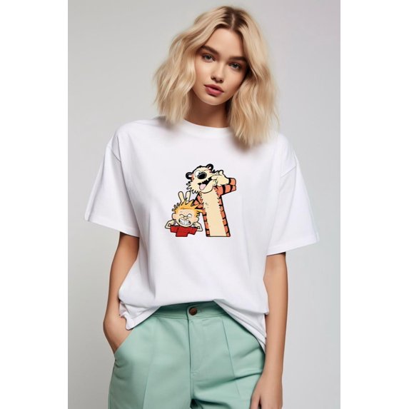 Cute Calvin And Hobbs Cartoon Gift T-Shirt, for men & women, up to size 5XL.