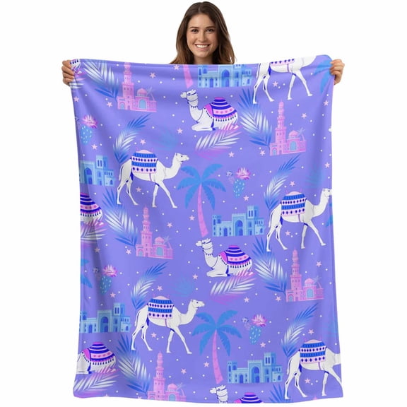 Cute Camels Blanket Soft Cozy Warm Twin Blanket for Bed, Plush Fuzzy Flannel Fleece Blankets for Sofa, Desert Animals Houses Palm Trees Fantasy Purple Throw Blankets for Couch Gifts, 60"x80"