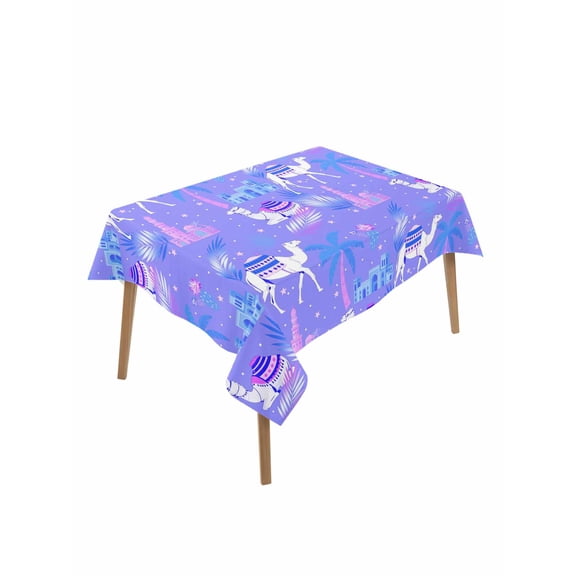 Cute Camels Rectangle Tablecloth, Desert Animals Houses Palm Trees Fantasy Purple Waterproof & StainResistant Tablecloth, Washable Oil-proof Table Cover for Dining/Party/Wedding/Buffet 60x84 In