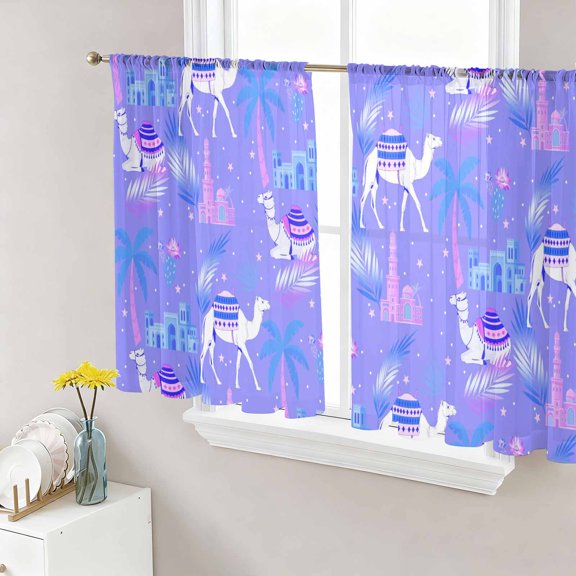 Cute Camels Sheer Curtains 45 Inches Length 2 Panels Set, Window Sheer Curtains for Living Room/Bedroom, Desert Animals Houses Palm Trees Fantasy Purple Light Filtering Rod Pocket Curtain 52''x45''x2