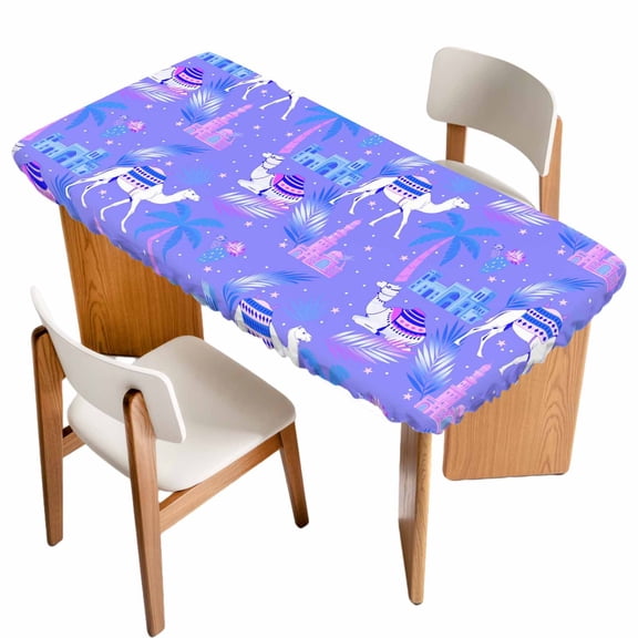 Cute Camels Table Cloths for 3 Foot Rectangle Tables, Desert Animals Houses Palm Trees Fantasy Purple Patio Waterproof Elastic Fitted Tablecloths, Washable Rectangular Table Cover for Camping
