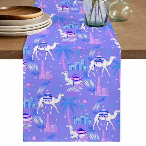 Cute Camels Table Runner, Desert Animals Houses Palm Trees Fantasy Purple Washable Cotton Linen Table Runners 36 Inches Long, Dresser Scarf Runner for Nightstand/End Tables/Round Tables 13''x36''