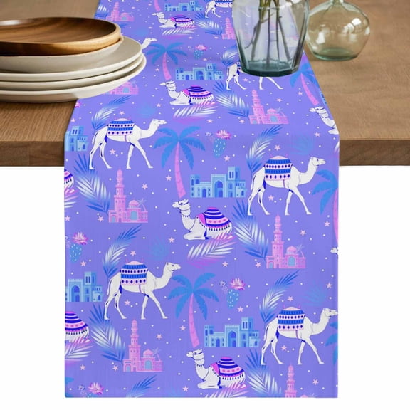 Cute Camels Table Runner, Desert Animals Houses Palm Trees Fantasy Purple Washable Cotton Linen Table Runners 48 Inches Long, Dresser Scarf Runner for Nightstand/Coffee/End Tables 13''x48''