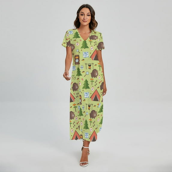 Cute Camping Pattern Printed Short Sleeve Maxi Dress, Camper Camping Fashion Summer Maxi Dress For Women