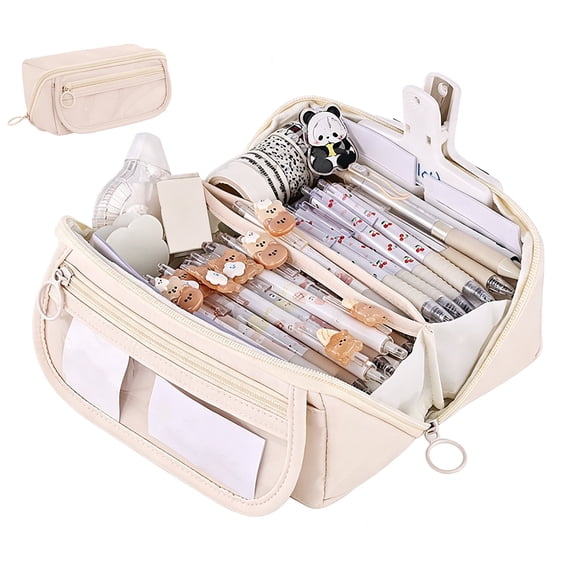 Cute Canvas Pencil Cases, Zipper Pencil Pouch Big Capacity Special Pencil Cases Storage Bag - Beige