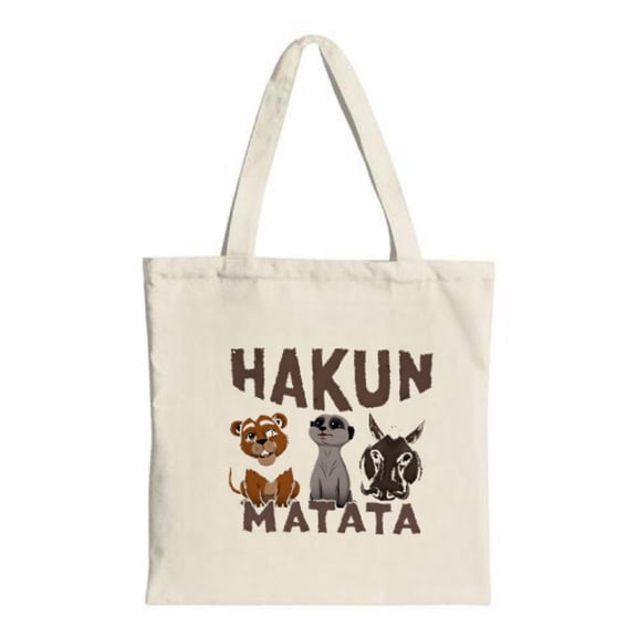 Cute Canvas Tote Bag featuring a lion cub meerkat and hippo with ' HAKUN ' in bold letters perfect for shopping and travel