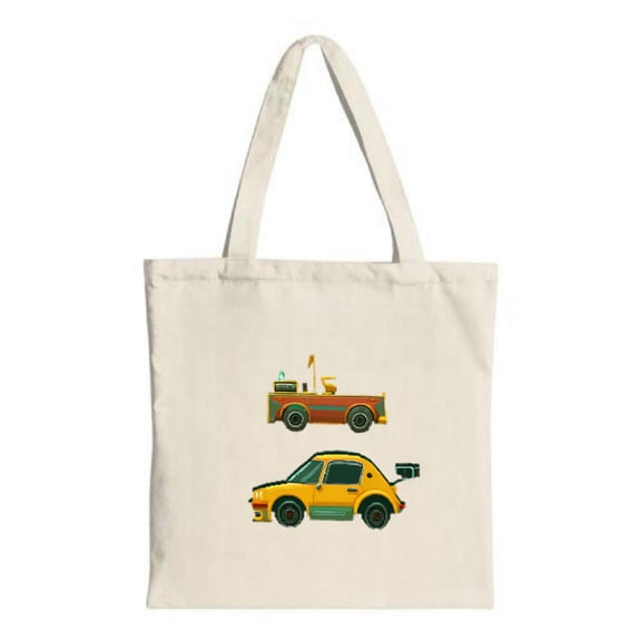 Cute Canvas Tote Bag featuring a red truck with a green roof and a sporty yellow car with a green roof perfect for shopping and travel