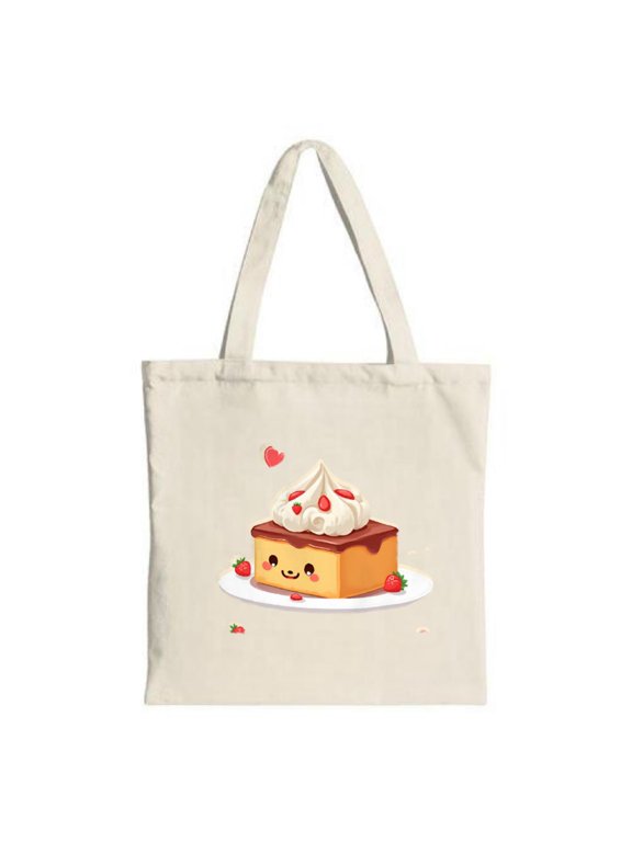 Cute Canvas Tote Bag with Whimsical Cake Illustration Smiling Face Whipped Cream & Strawberries Perfect for Shopping & Parties