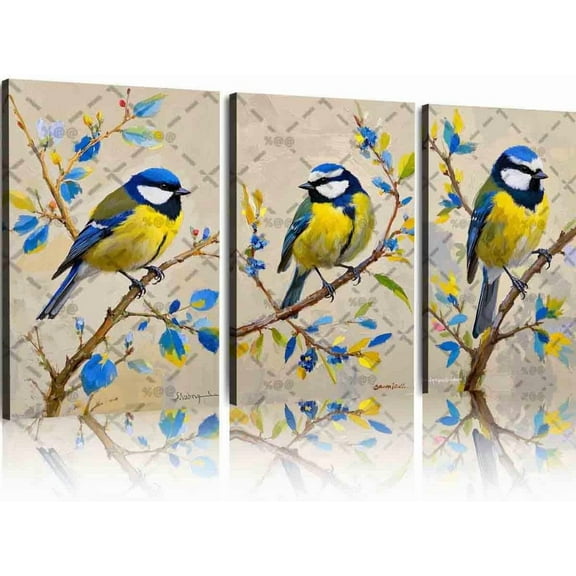 Cute Canvas Wall Decoration Painting Titmouse Original Black-Capped Titmouse Bird Wall Decoration Animal Art Flower Branch Small Art For Living Room, Entryway, Bar, Office Unframed