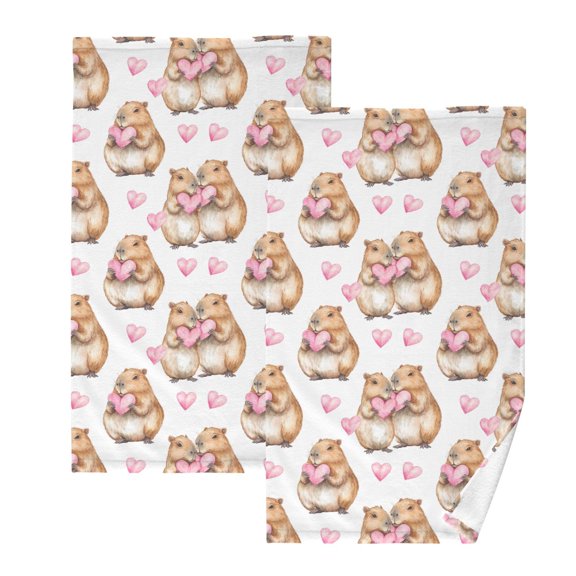Cute Capibara Pattern Cotton Towel Set Face Hand Towels 2 Pack Soft Absorbent 16x28in