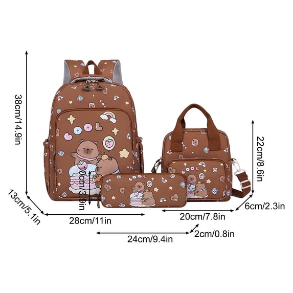 Kapibala Cute Animal Backpack 3-Piece Set, Spacious, Adjustable, Lightweight, 15x11x5 in