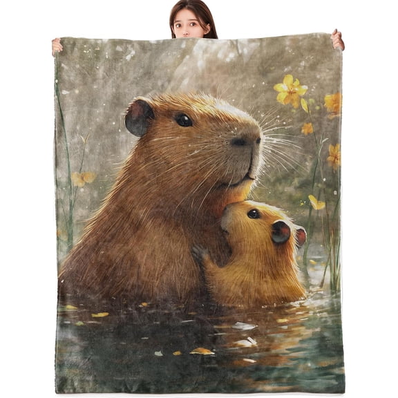 Cute Capybara Blanket Lightweight Flannel Blankets Gifts for Animal Lovers with Sunshine and Flower in Pond Printed Throw for Couch Chair Office Bedroom Spring Summer Decor, 50 x 60 inch