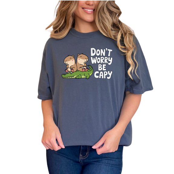 Cute Capybara and Crocodile Graphic T-Shirt, Funny Animal Print Tee, Don't Worry Be Capy Shirt, Unique Animal Lovers Gift Idea, Denim Comfort Colors T-Shirt, XL