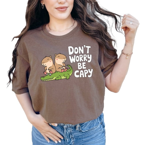 Cute Capybara and Crocodile Graphic T-Shirt, Funny Animal Print Tee, Don't Worry Be Capy Shirt, Unique Animal Lovers Gift Idea, Espresso Comfort Colors T-Shirt, Large