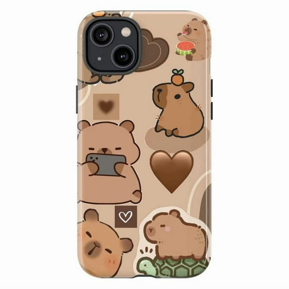 Cute Capybara and Heart Phone Case, Adorable Capybara with Fruits and Turtles iPhone Cover, Fun & Playful Protective Case for iPhone 17 16 15 14 13 12 11 Pro Plus Mini
