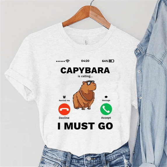 Cute Capybara Is Calling I Must Go T-shirts For Women Summer Lovely Short Sleeve Casual T-shirts Funny Ladies Round Neck Tops