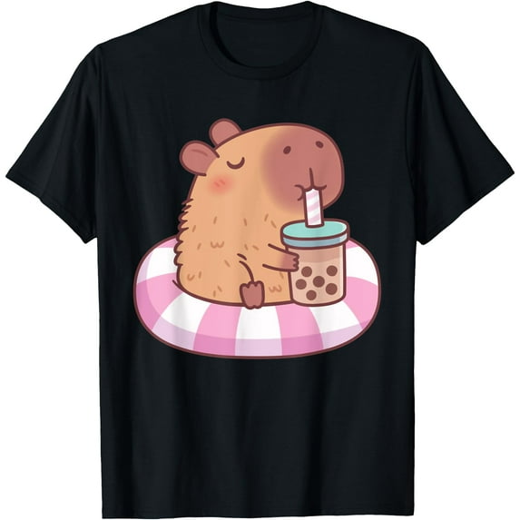 Cute Capybara On Pool Float Drinking Bubble Tea Lover Unisex T-Shirt for Men Women Kids Toddler,Black Color,Size 4T