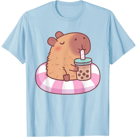 Cute Capybara On Pool Float Drinking Bubble Tea Lover Unisex T-Shirt for Men Women Kids Toddler,Light Blue Color,Size M