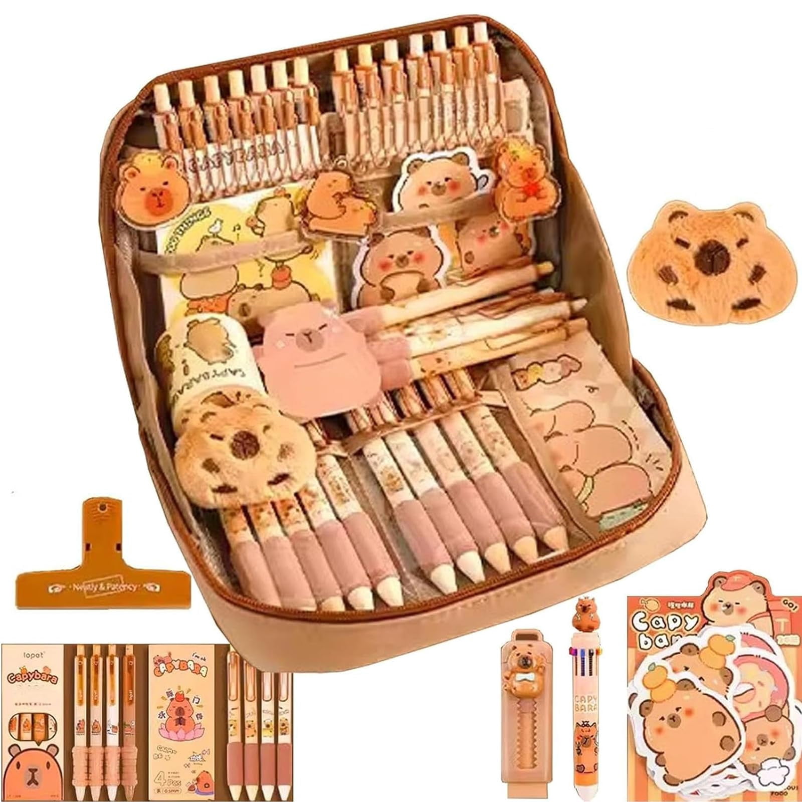 Capybara Plush Pencil Case – Cute Clear Pencil Pouch With Pins, Plush & Multi-Layer Organizer For School & Travel