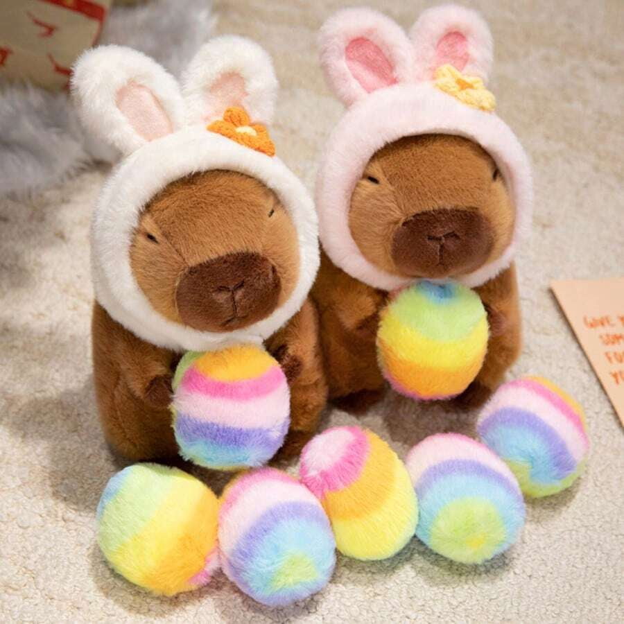 Cute Capybara Plush Doll, Soft Short Plush Capybara Stuffed Animal, Easter Egg Capybara + Rabbit Ear Hat, Cartoon Rabbit Plush Doll, Children Plush Doll, Cute Plush Stuffed Animal,