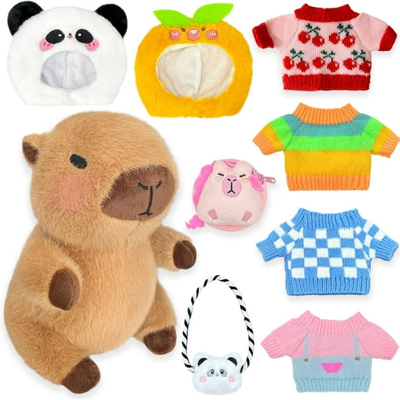 Cute Capybara Plush Toy with 9 Pieces of Clothes and Accessories, 10.2-Inch Soft Stuffed Animal for Kids and Collectors, Ideal for Birthday Gifts, Christmas Presents, and Decorative Use