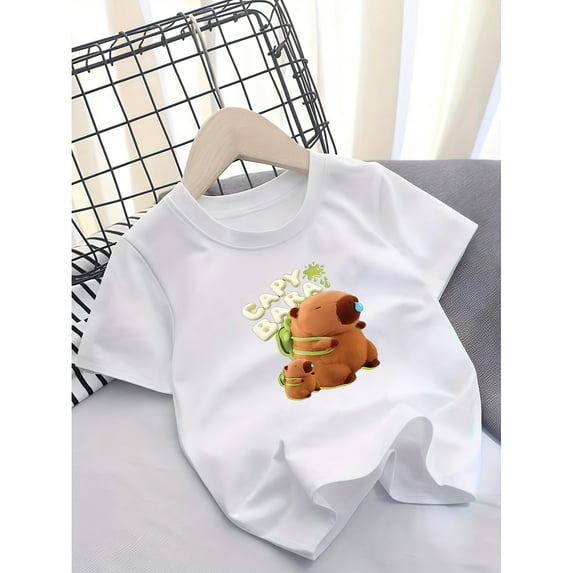 A Cute Capybara Print Short-Sleeve T-Shirt for Girls, Featuring a Casual And Comfortable Round Neck Design, Perfect for Spring And Summer, Suitable f