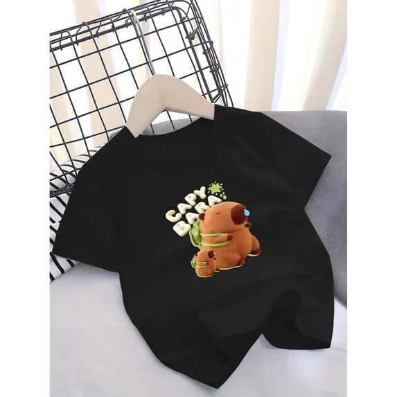 A Cute Capybara Print Short-Sleeve T-Shirt for Girls, Featuring a Casual And Comfortable Round Neck Design, Perfect for Spring And Summer, Suitable for Outdoor Activities.