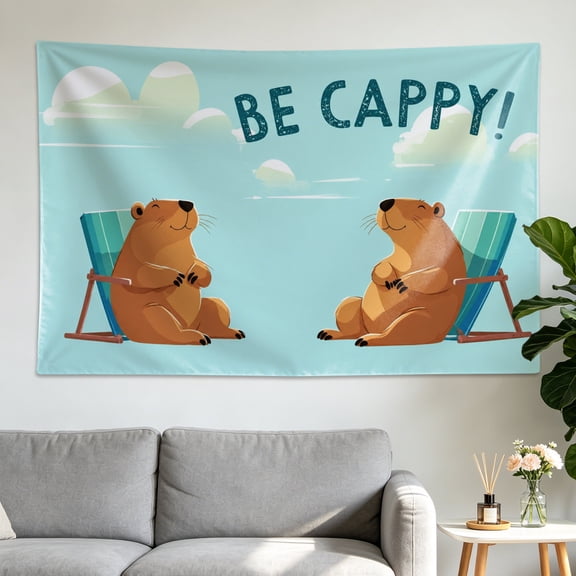 Cute Capybara Relaxation Beach Chair Wall tapestry， Large size Printed Horizontal Tapestry blanket， Polyester Fabric Wall Hanging for living room， bedroom， No Installation Required， Indoor， Outdoor，