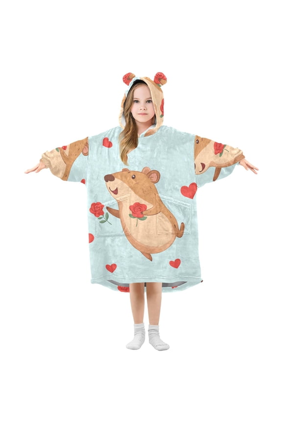 Cute Capybara Roses Hearts Valentine Flannel Wearable Blankets Hooded Design Long Sleeves Wrap Unisex for 3T-14Y S
