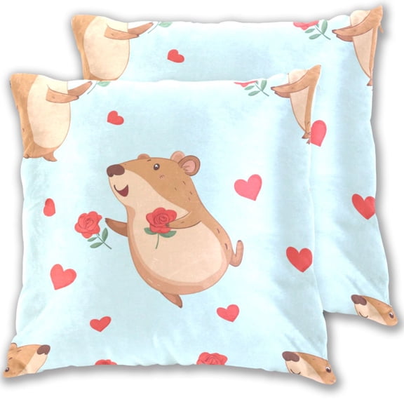 Cute Capybara Roses Hearts Valentine Throw Pillow Covers Pillowcases 20 x 20 Inch Home Decor 2 Packs for Bedroom Sofa