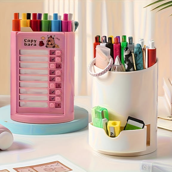 Cute Capybara Rotating Pen Holder With Task Tracker And Planner Insert, Large Capacity Desk Organizer For Study, Self-Discipline, And Office, Includes 26 Check-Off Sheets For Daily Task Completion