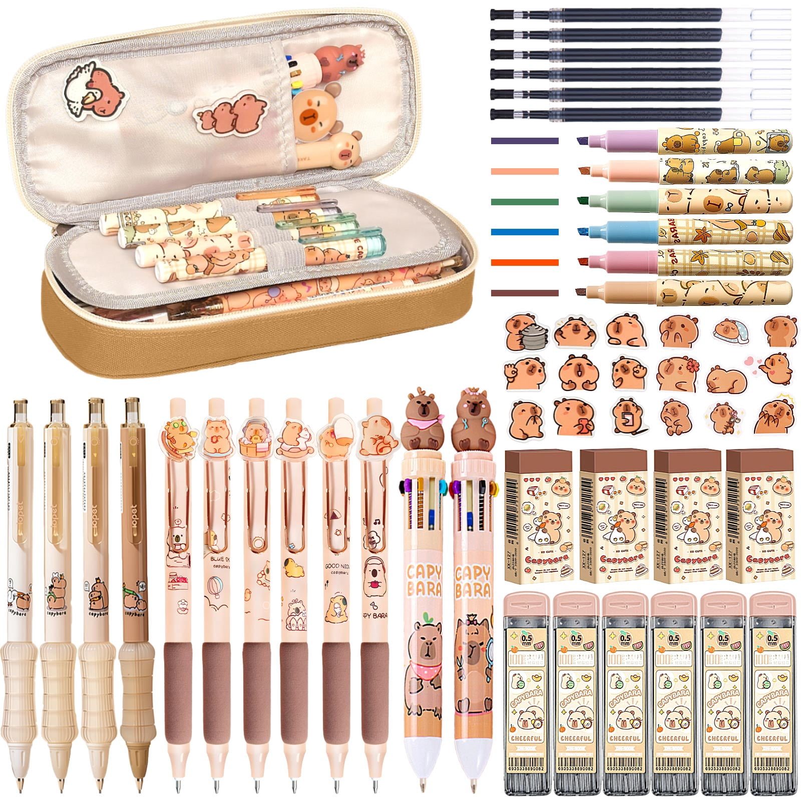 Cute Capybara Stationery Set,Kawaii Stationery Christmas Birthday Gifts,Includes Ballpoint Pens,Erasers, Mechanical Pencils,Lead Refills,Gel Pens, Highlighter,for Office Home Supplies