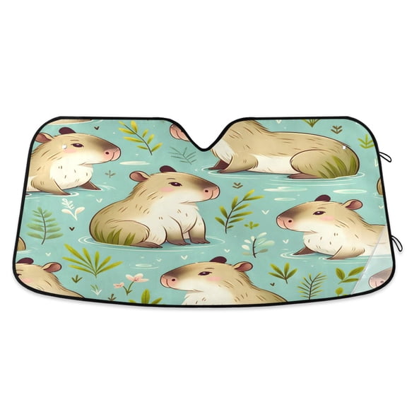 Cute Capybara and Leaf Car Windshield Sun Shade Foldable Car Front Window Visor Heat and UV Protection 53x23.5