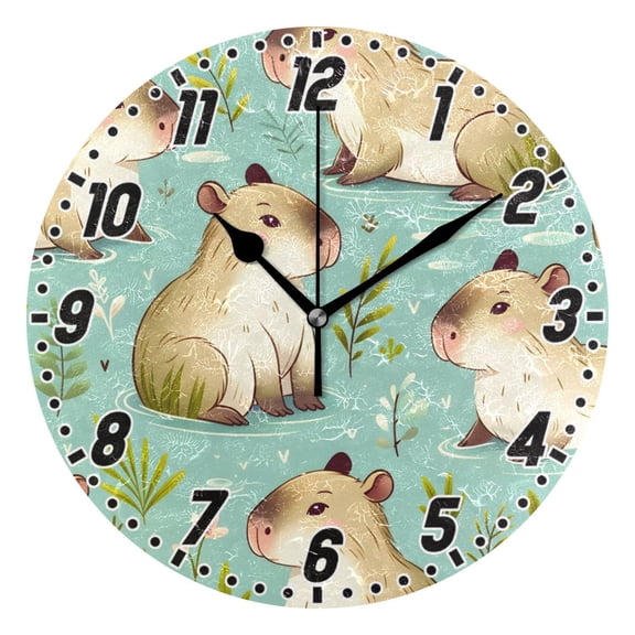 Cute Capybara and Leaf Round Wall Clock Battery Operated Silent Non-Ticking Bedroom Office Kitchen Home School Decor 10"(Black)
