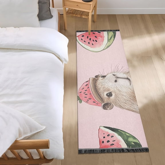 Cute Capybara and Watermelon Bedside Runner Rug 2'x 6' Non Slip Carpet Floor Mat Area Rug