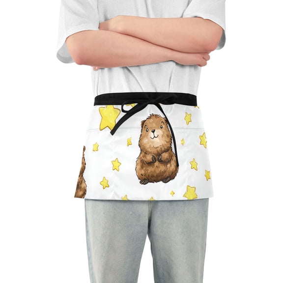 Cute Capybara with Cartoon Stars Short Server Apron with 3 Pockets for Unisex Chef Gardening