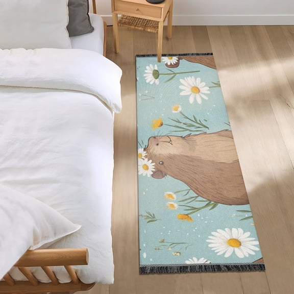 Cute Capybara with Daisies Garlands Bedside Runner Rug 2'x 6' Non Slip Carpet Floor Mat Area Rug