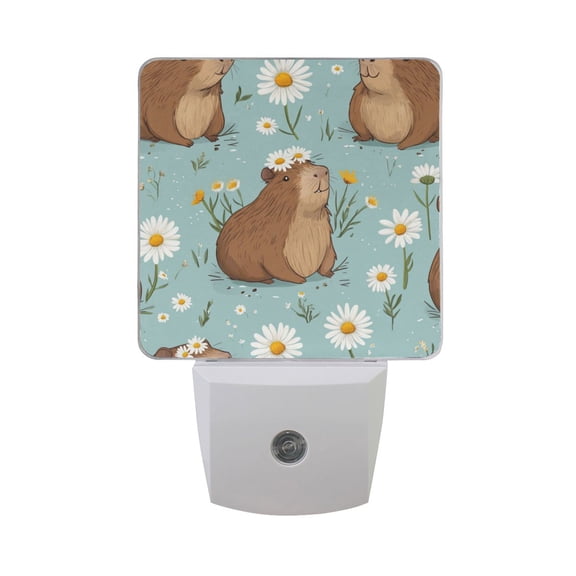 Cute Capybara with Daisies Garlands LED Night Light with Smart Sensor Plug Into Wall Dusk to Dawn 2 packs