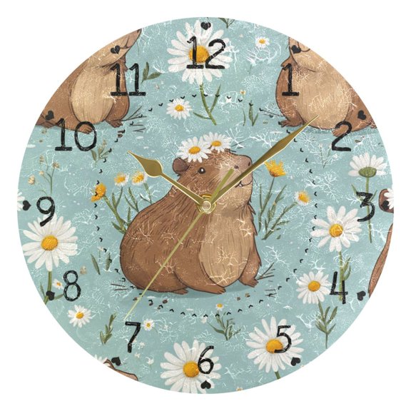 Cute Capybara with Daisies Garlands Round Wall Clock Silent Analog Battery Operated Gold Pointer Home Decor 9.84" Diameter