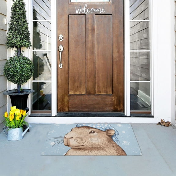 Cute Capybara with Nightcap Doormats Welcome Mats Gate Pads Entryway Outdoor 32" x 20"