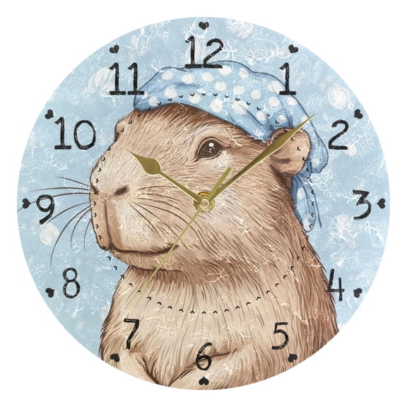 Cute Capybara with Nightcap Round Wall Clock Silent Analog Battery Operated Gold Pointer Home Decor 9.84" Diameter