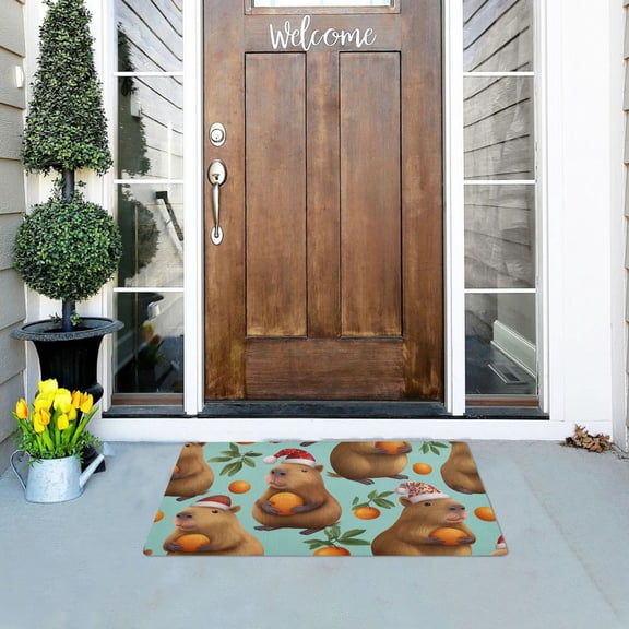 Cute Capybara with Orange Christmas Doormats Welcome Mats Gate Pads Entryway Outdoor 32" x 20"