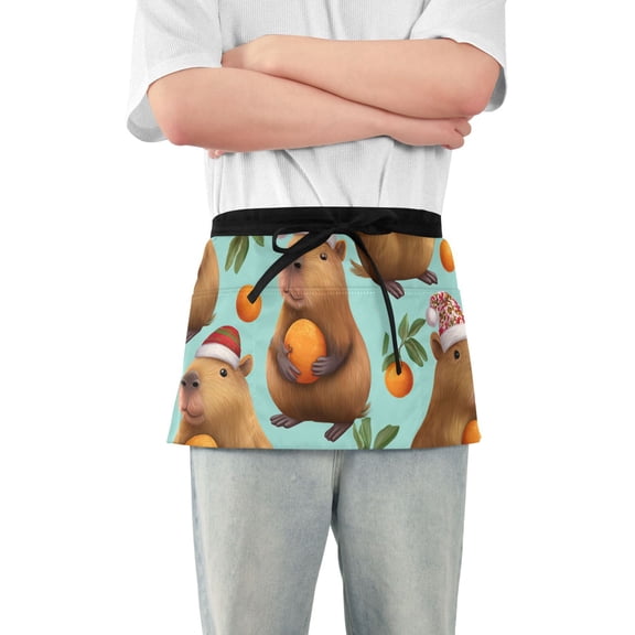 Cute Capybara with Orange Christmas Short Server Apron with 3 Pockets for Unisex Chef Gardening